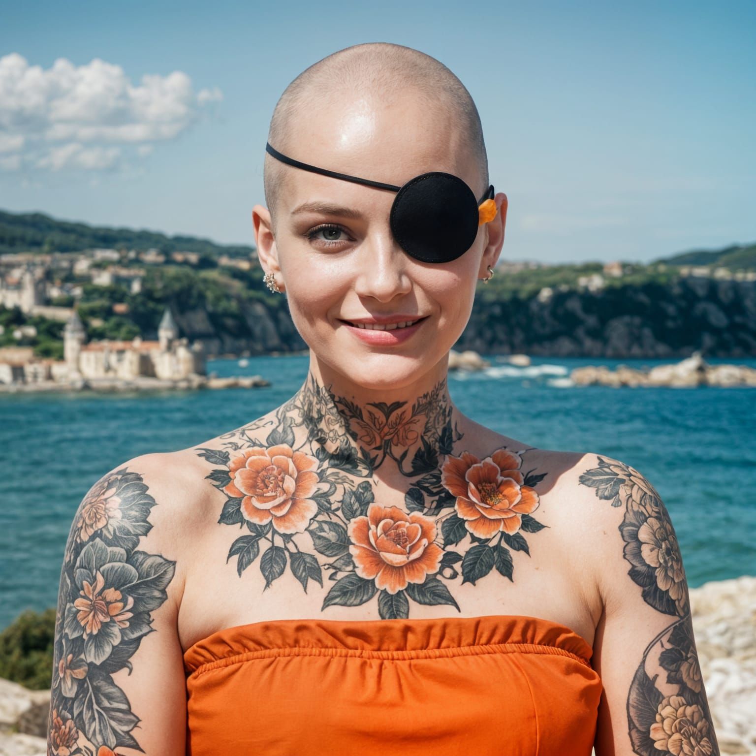 Bald Woman with Flower Tattoos and Eyepatch Portrait