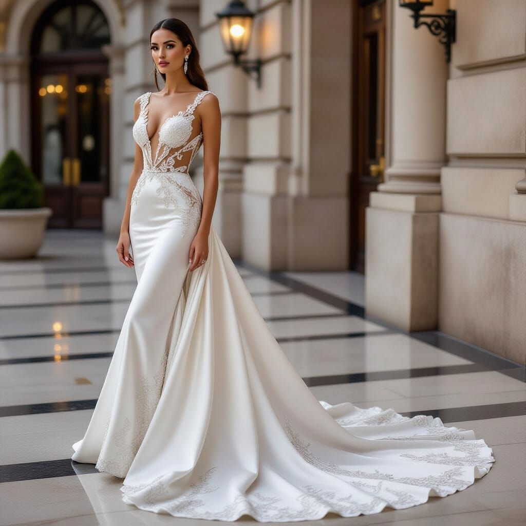 Elegant Woman in Silver Satin Dress, Versace Aesthetic