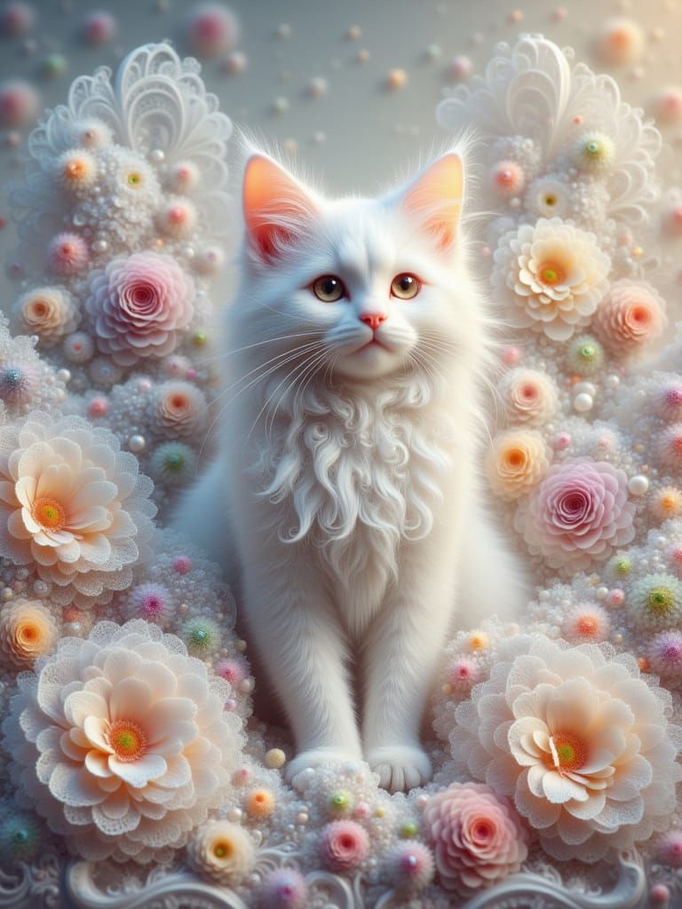 Whimsical Fractal Landscape with Cute White Cat and Fairy