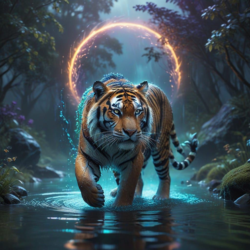 Majestic Tiger Amidst Glowing Water and Ethereal Light