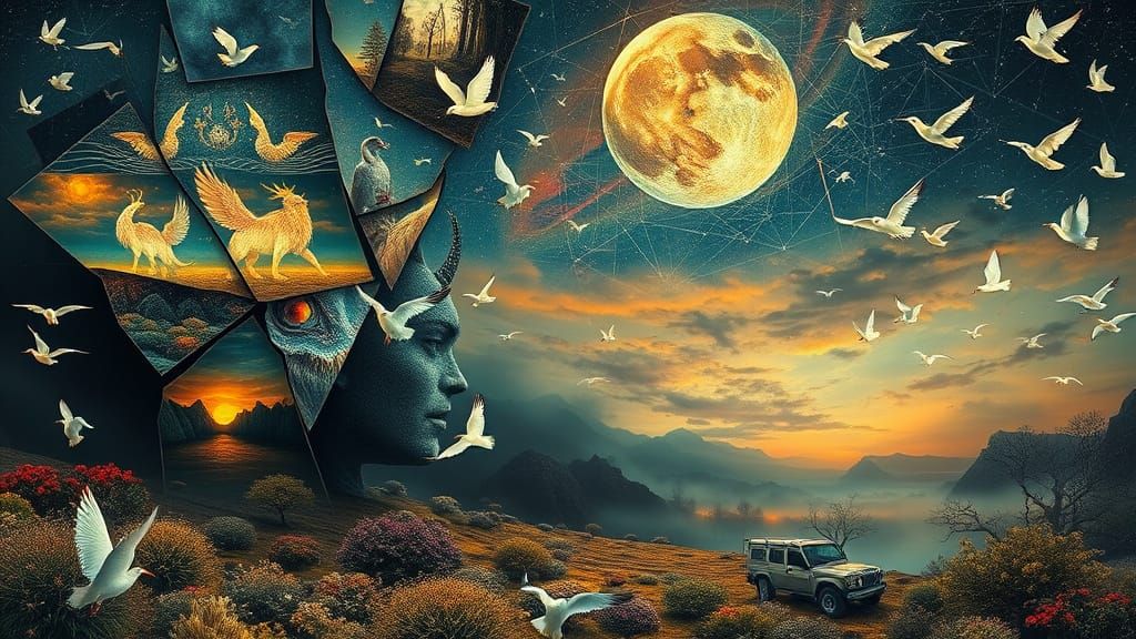 Mystical Collage of Dreamlike Scenes in Surreal Style