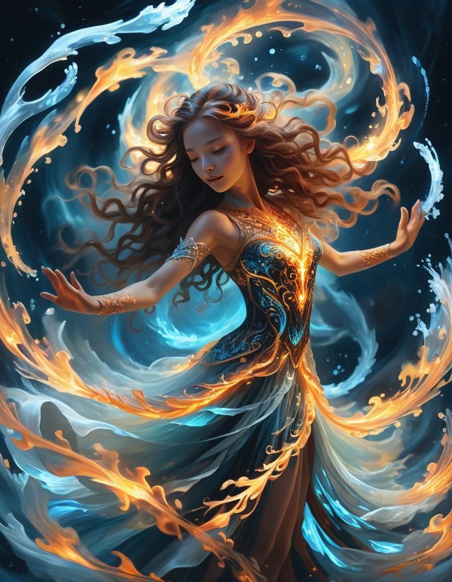 Bioluminescent Fire Dancer in Ice Vortex, Digital Art