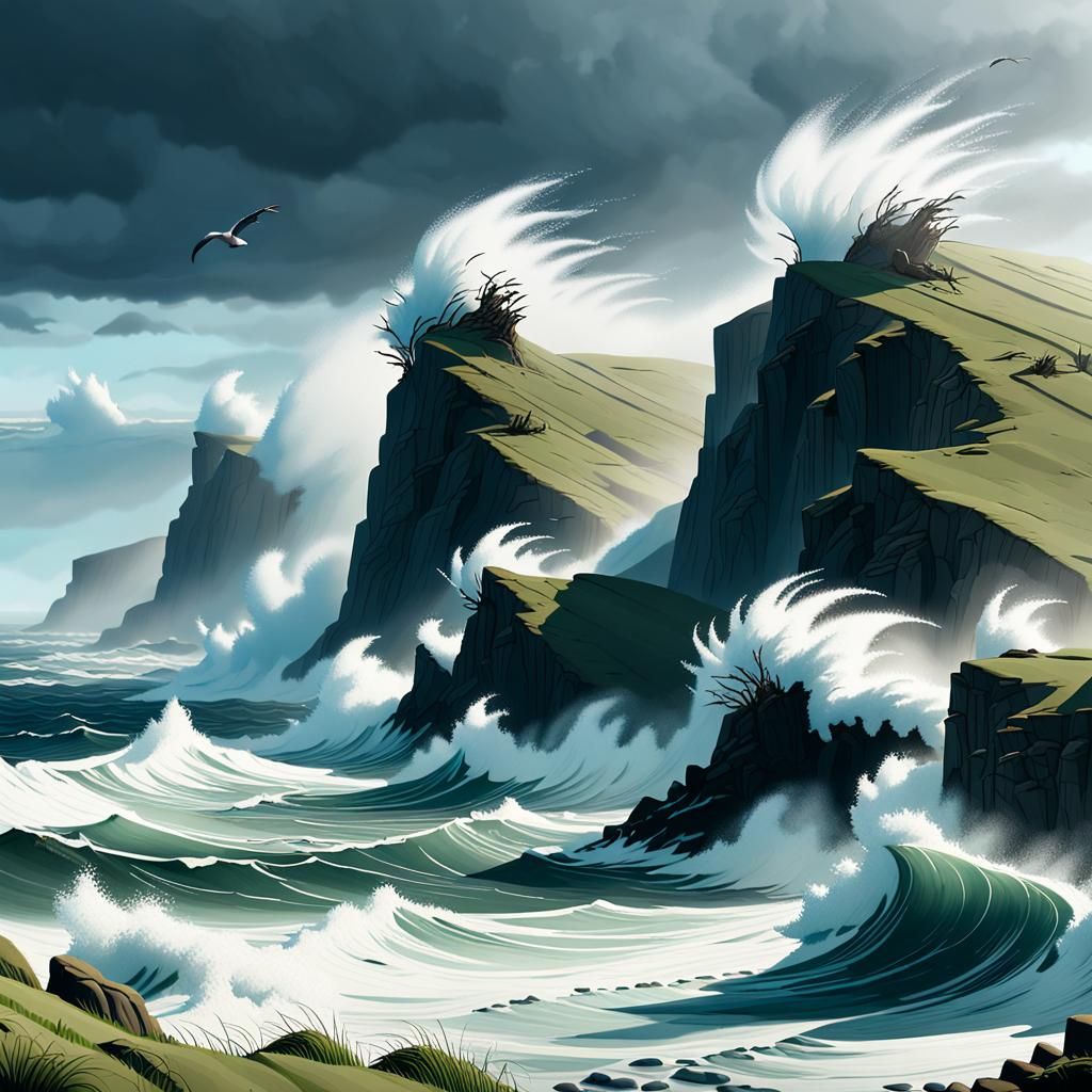 Dramatic Coastal Scene with Towering Waves in 3D