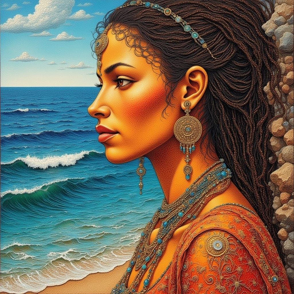 A tan skinned indigenous woman by the sea. Extraordinary intricate details Fine line String Art tapestry 3D textured oil...