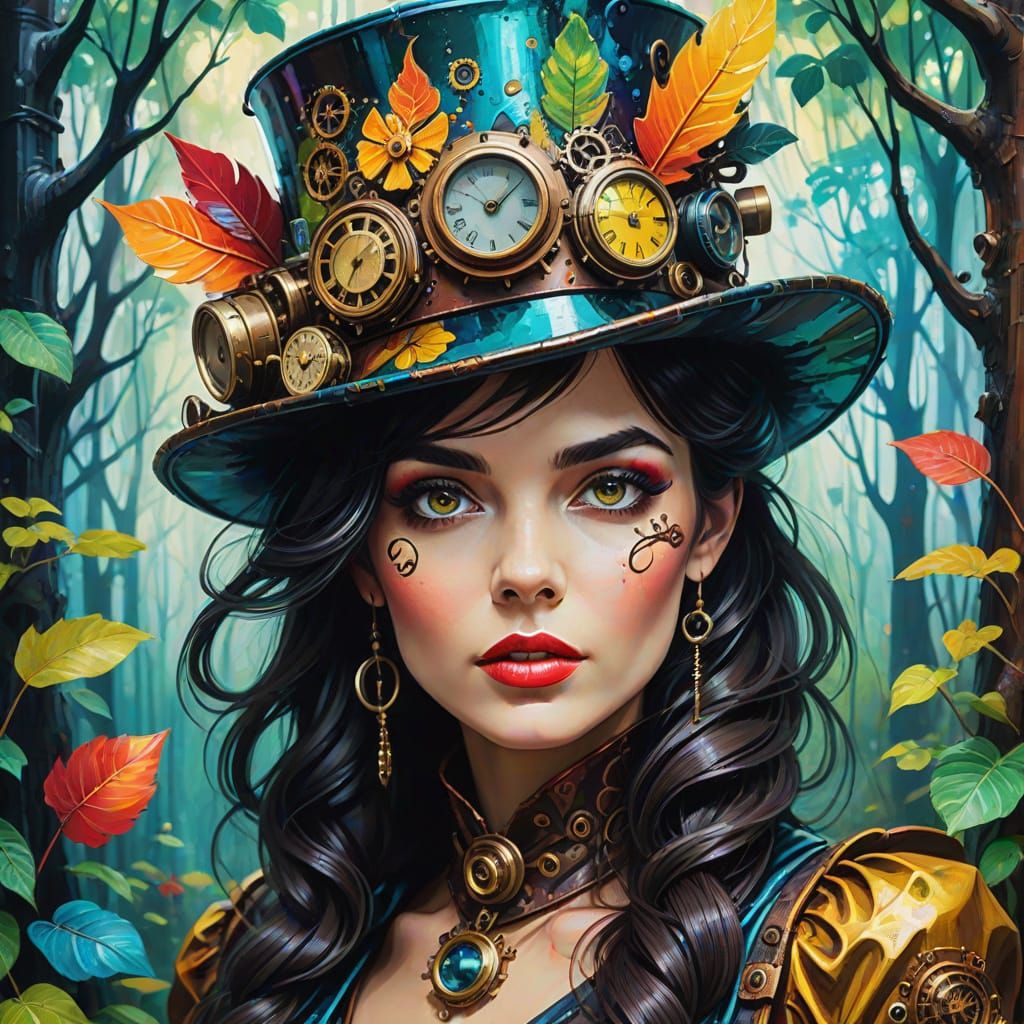 Steampunk Woman in Enchanted Forest, Impasto Style