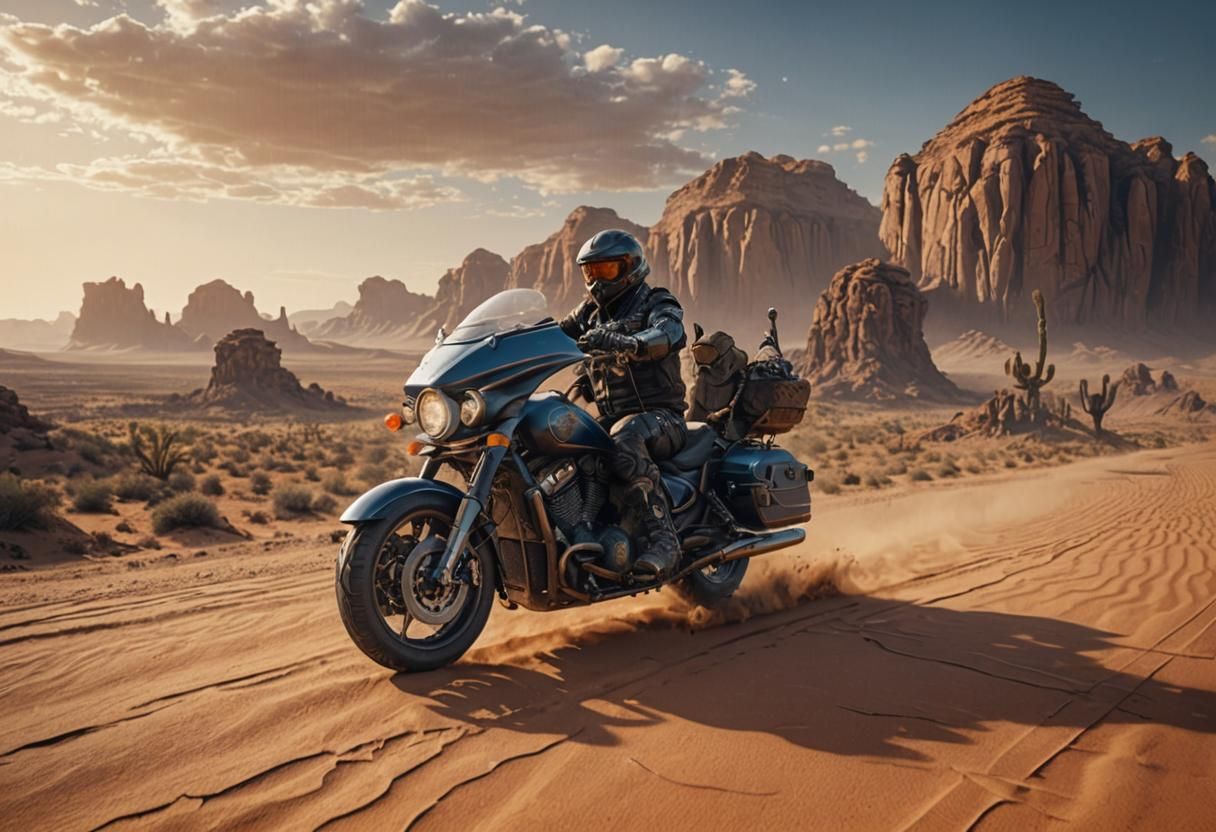 Motorcyclist in Desert Landscape, Detailed Matte Painting