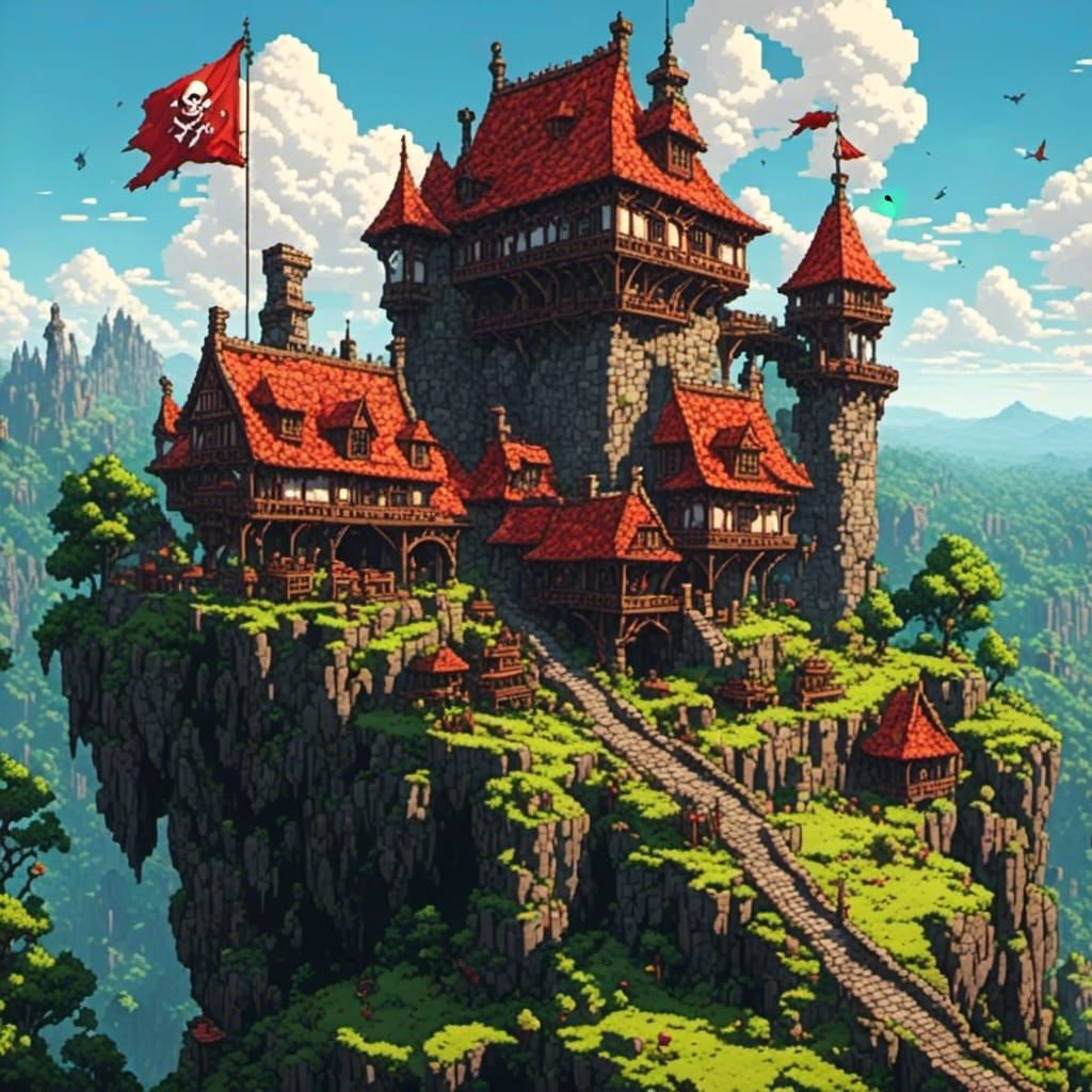 Detailed Pixel Art Castle with Dragon