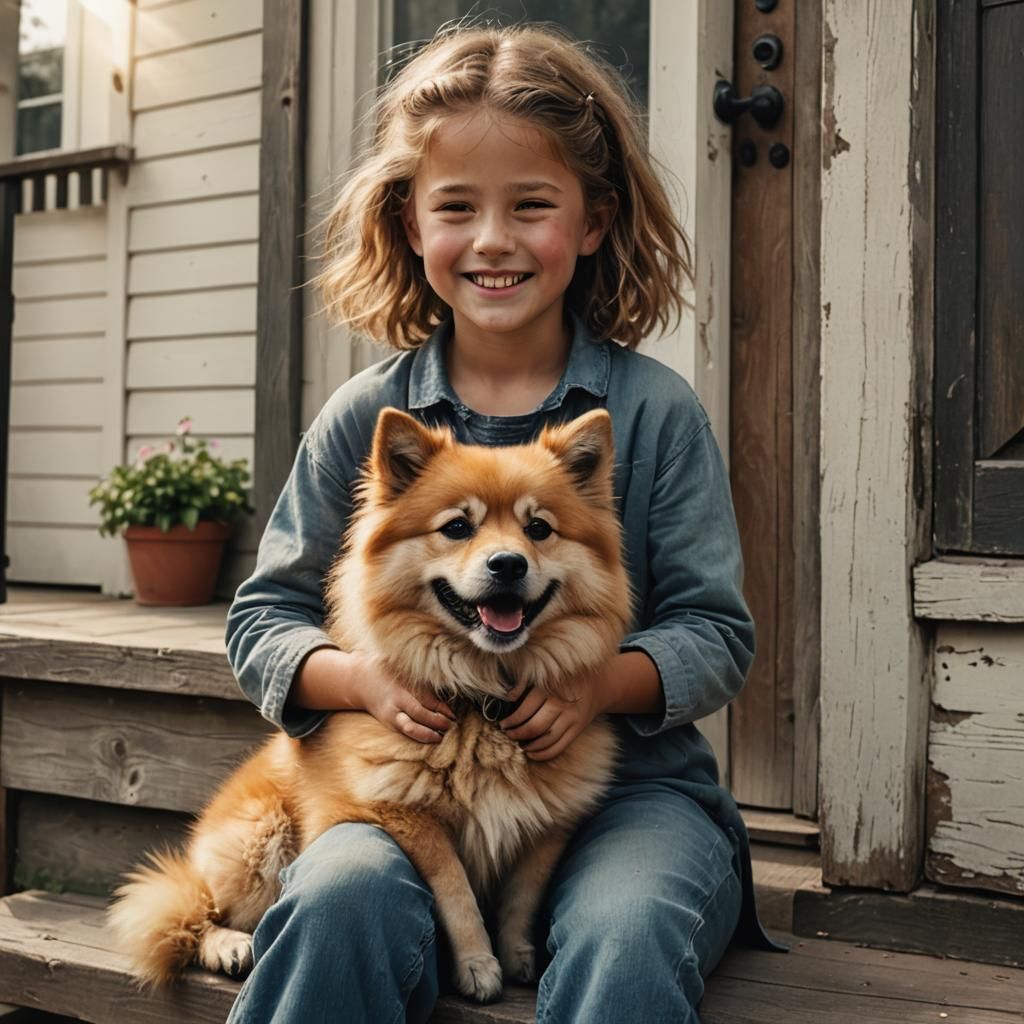 Smiling Spitz Dog and Child on Porch