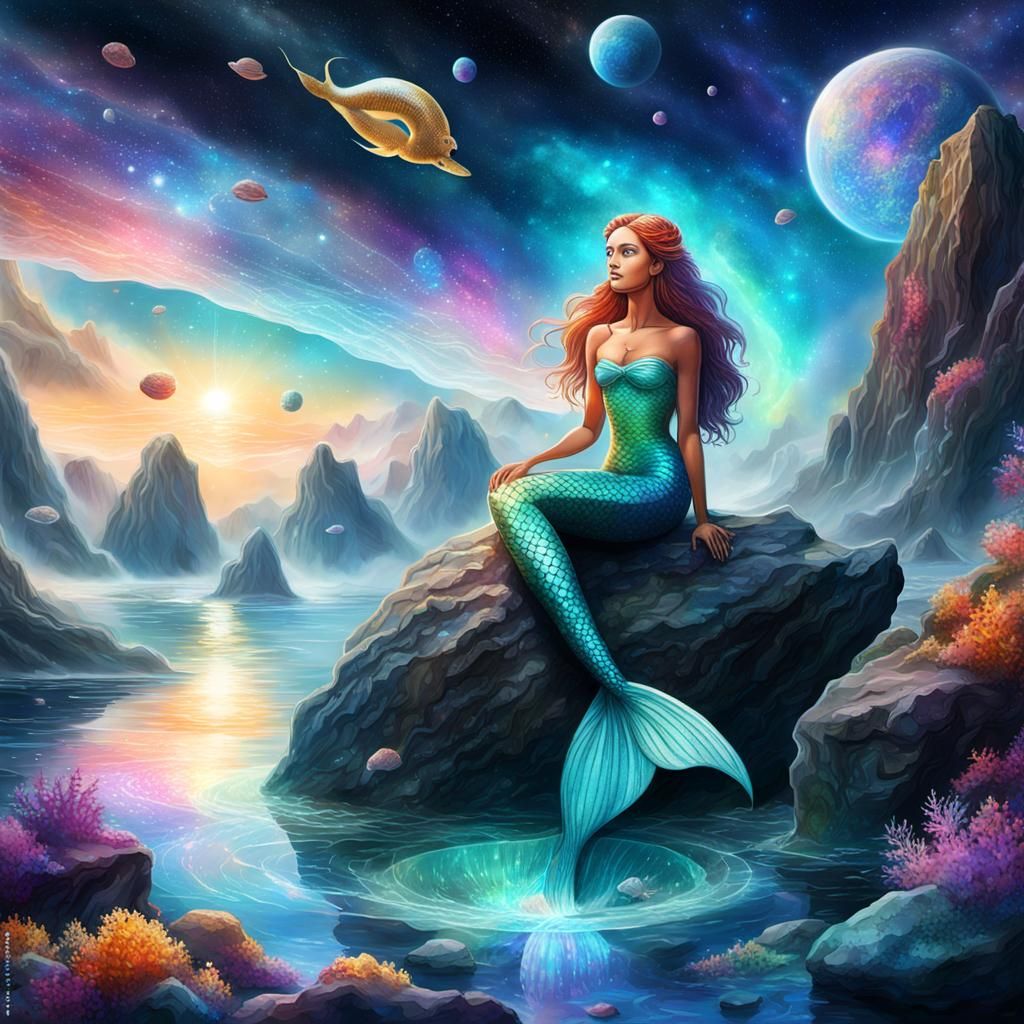 Mermaid Gazing Skyward: Holographic Astral Illustration