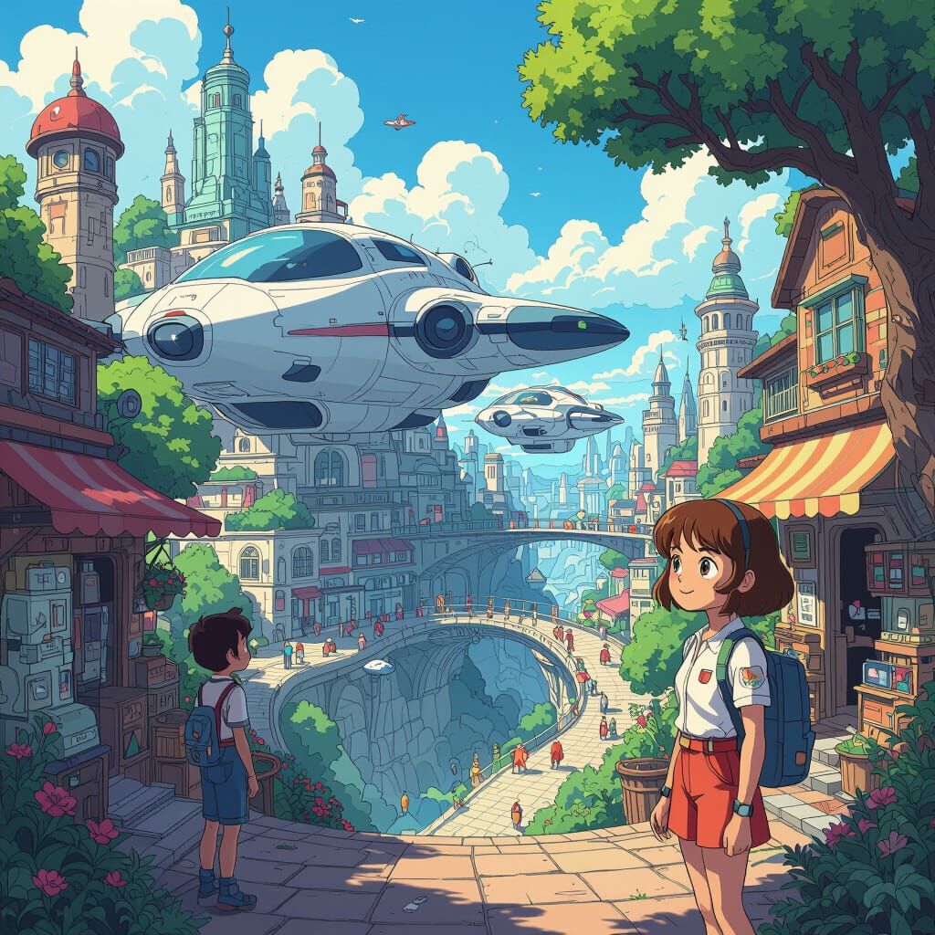 Vibrant Cartoon Scenes in Miyazaki Style