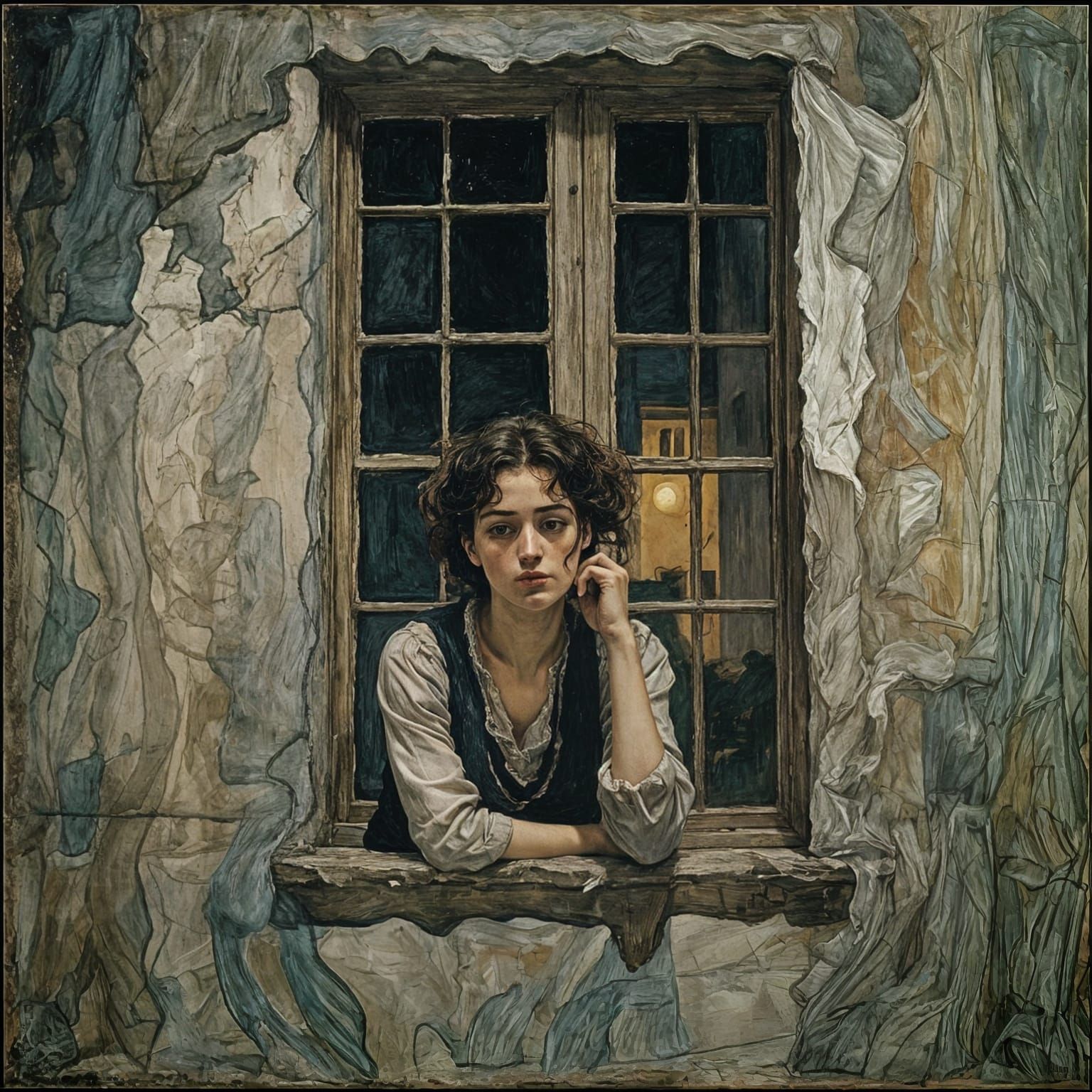 Brunette at Window in Egon Schiele Style