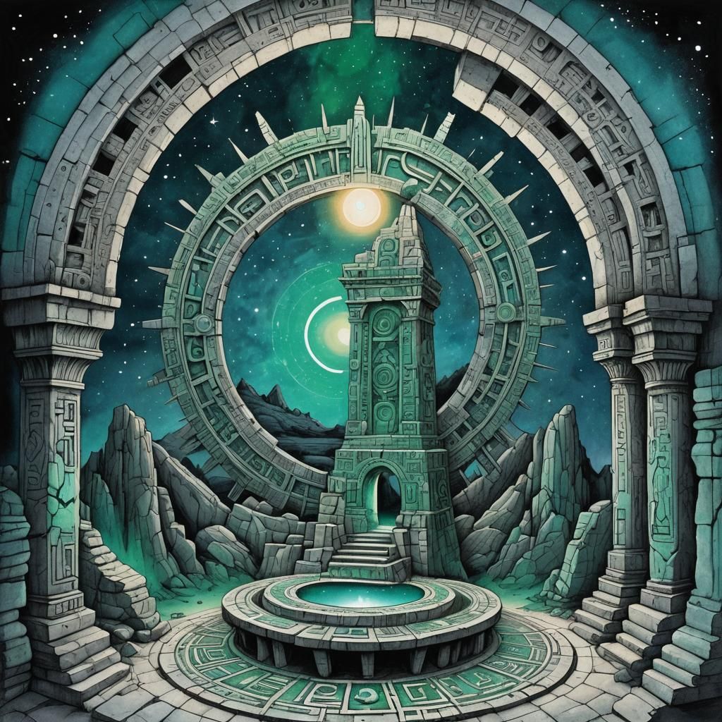 Surreal Stargate Ink Illustration with Cosmic Pulsars