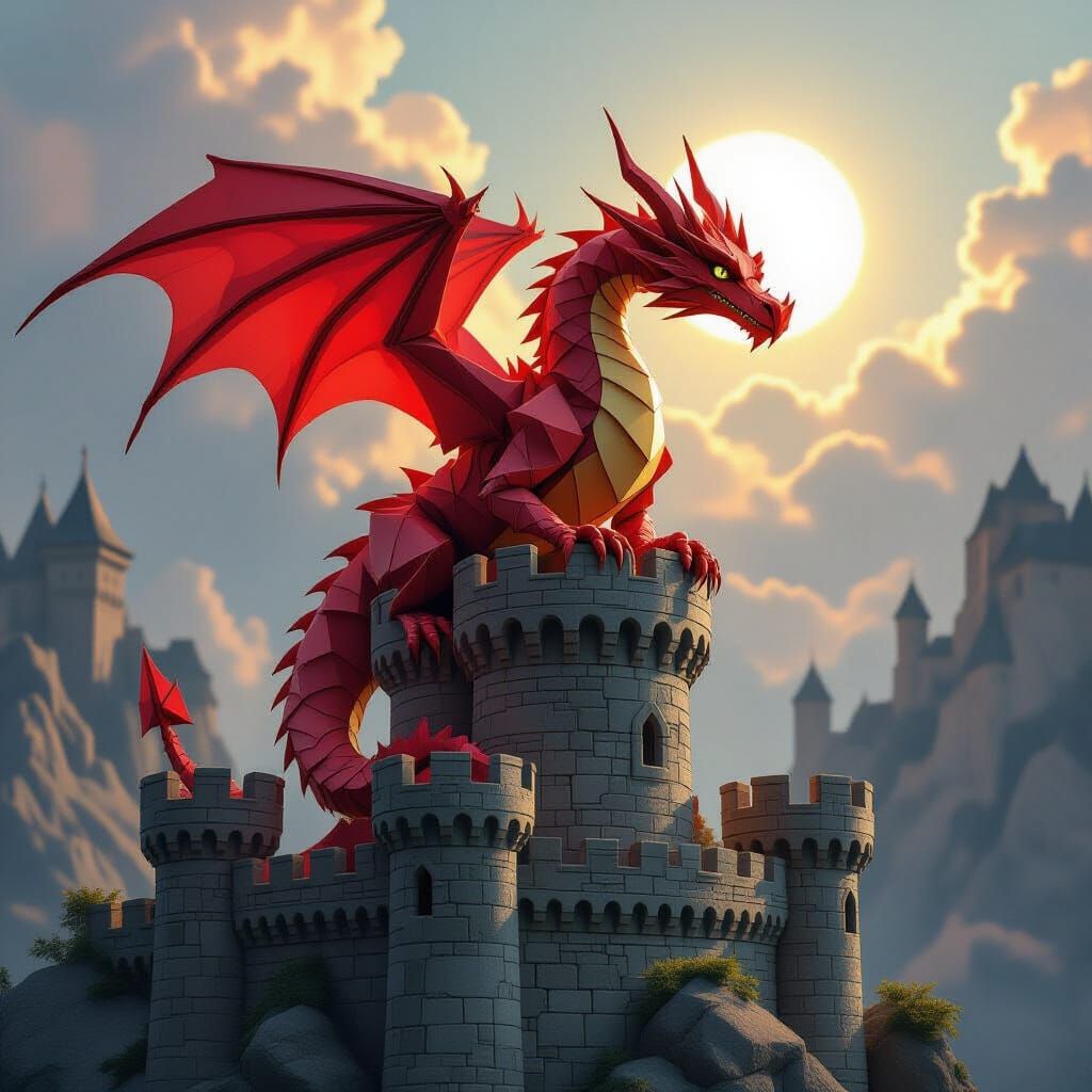 Origami Dragon On Stone Castle