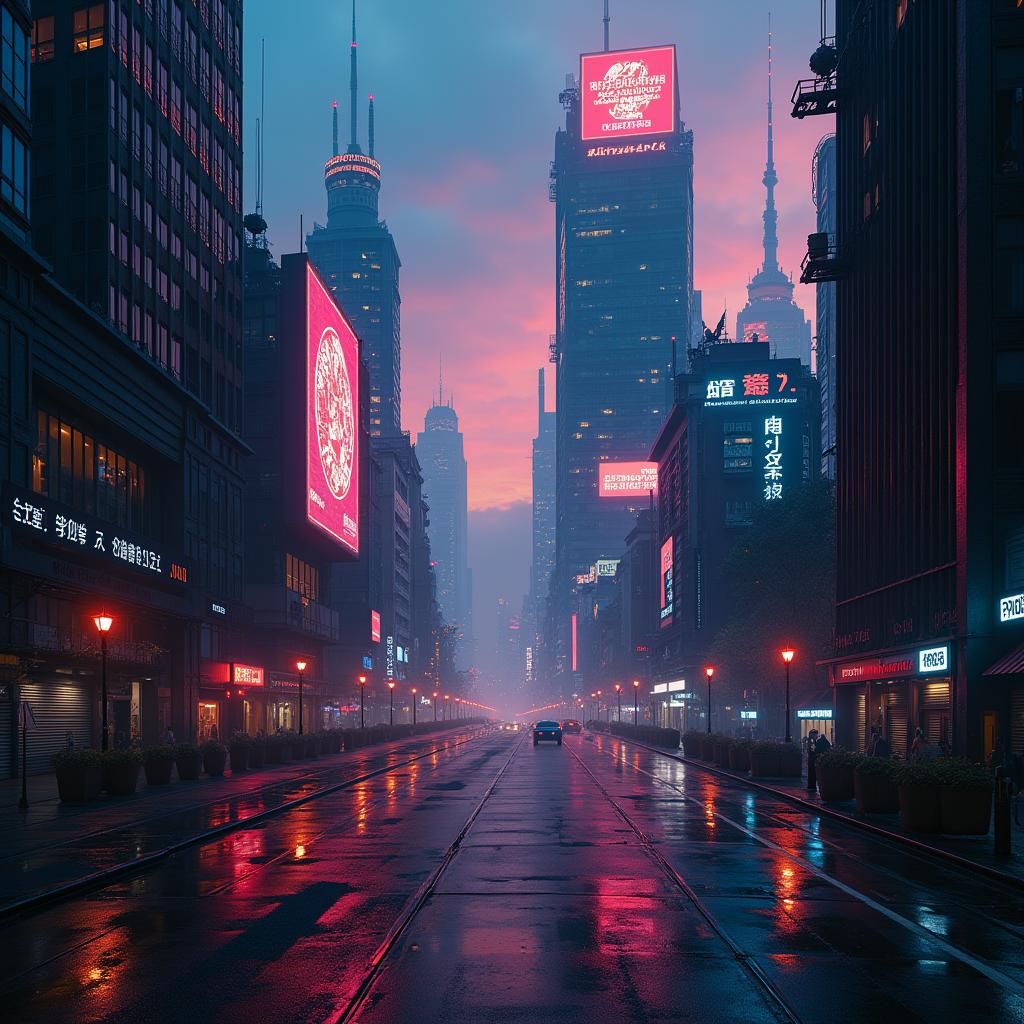 Cyberpunk Cityscape with Neon Lights and Skyscrapers