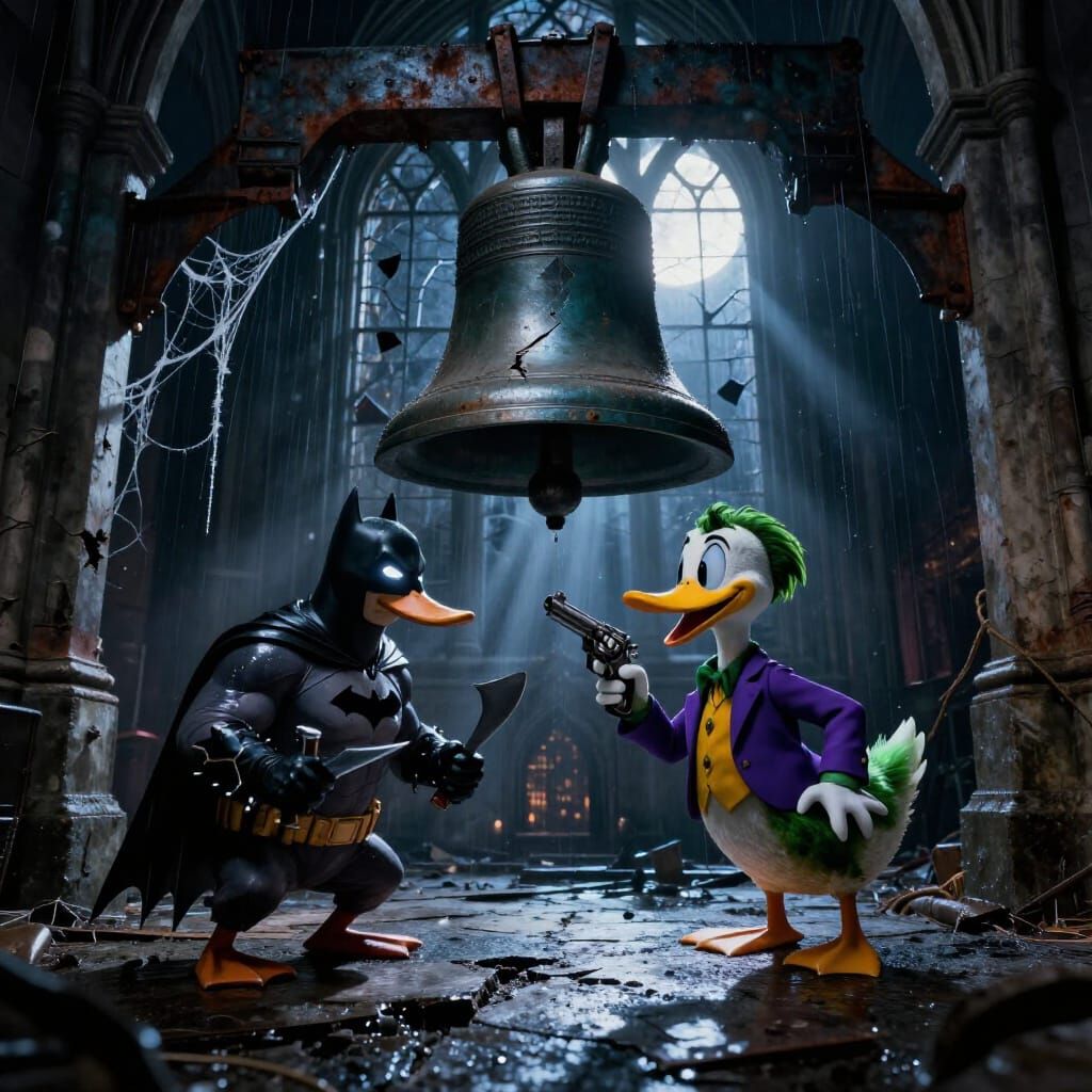 DuckKnight vs Joker Duck in Gotham Cathedral