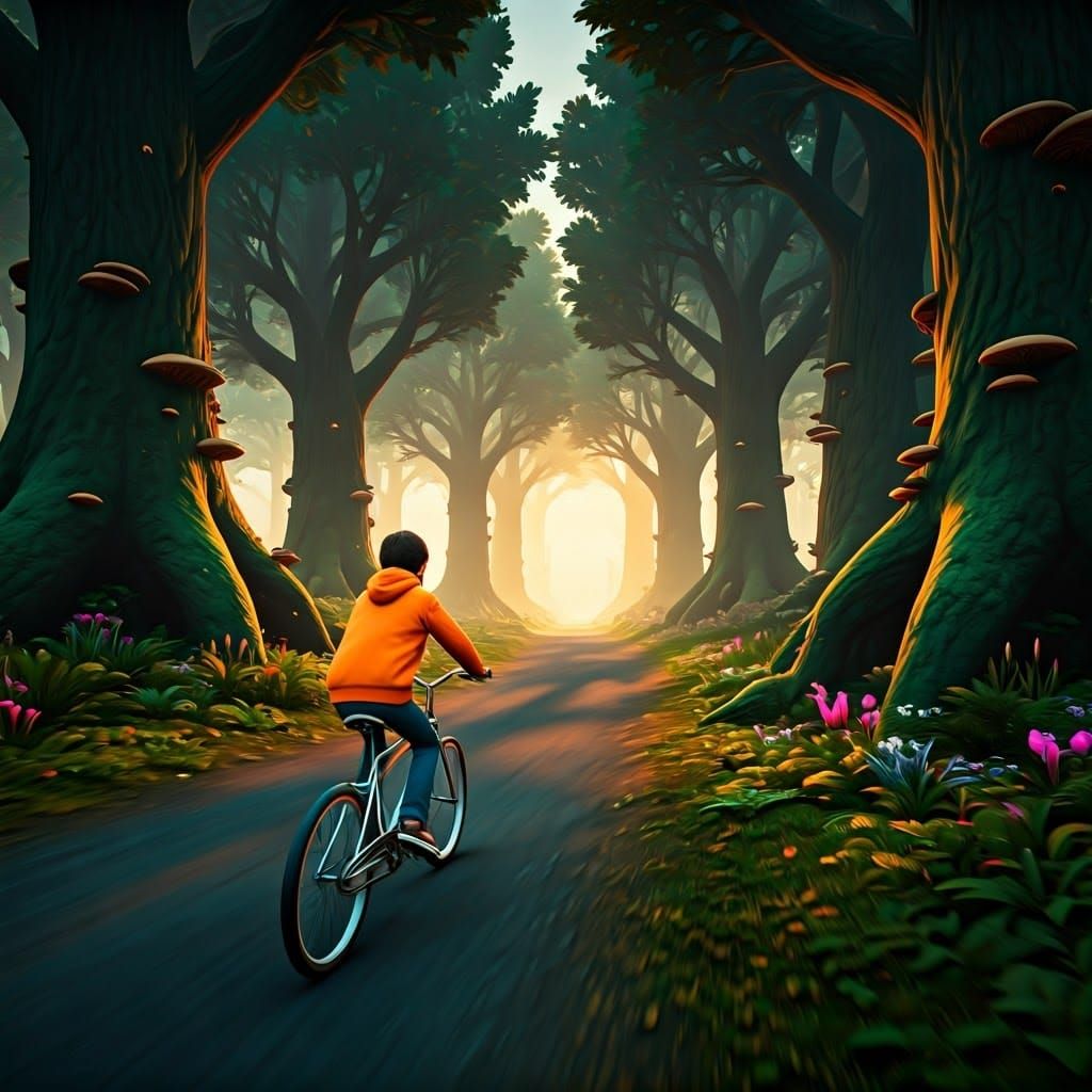 Boy Riding Sleek Bicycle Through Whimsical Forest