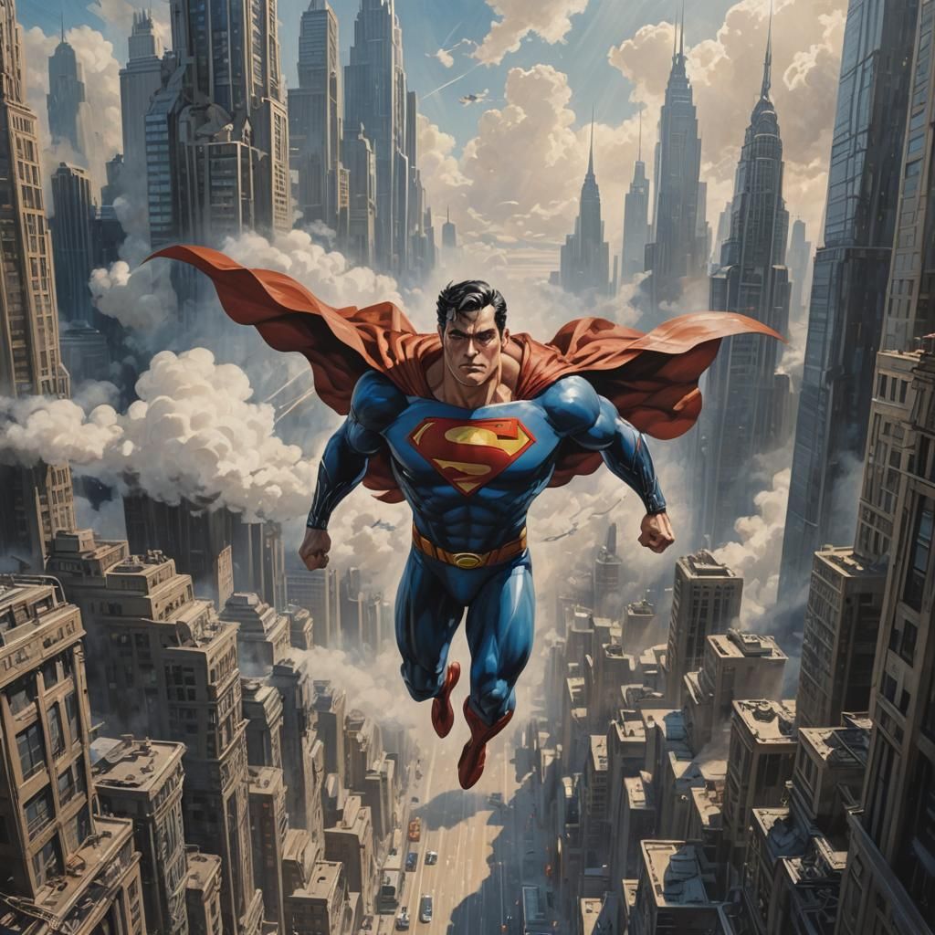 Mechanized Superman Soaring Over Metropolis in Art Deco Styl...