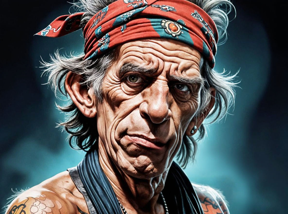 Caricature of Aged Keith Richards in Bold Illustrative Style