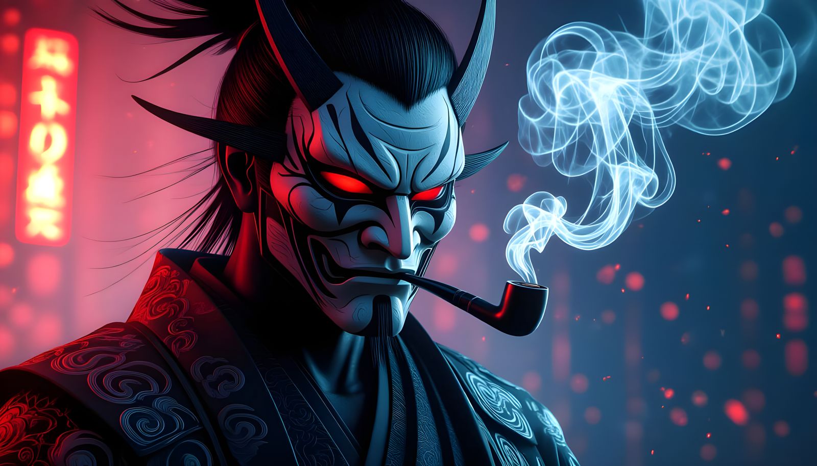 Japanese Demon Smoking Pipe Through Mask in Dark Fantasy