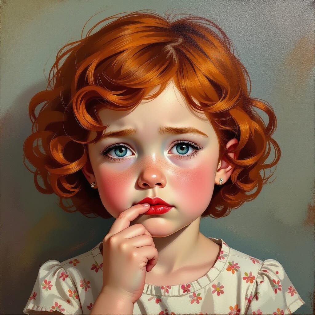 Sad Girl Sucking Thumb: An Impressionist Oil Painting