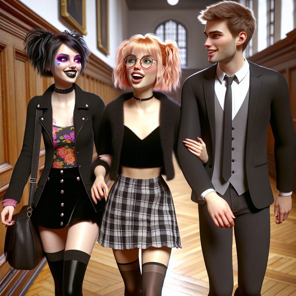 Three Friends Strolling in Gothic University Style