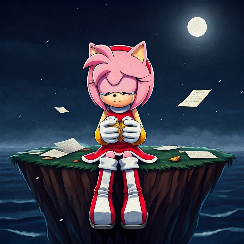 Heartbroken Amy Rose Sits Alone on a Moonlit Cliffside