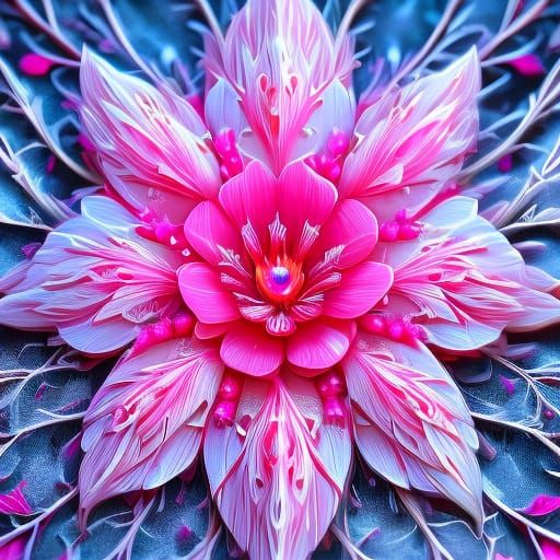 Magenta Flower in Snow with Carved Texture and Crimson Thorn...