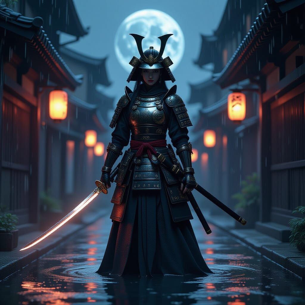 Samurai Warrior Woman in Moonlit Alleyway