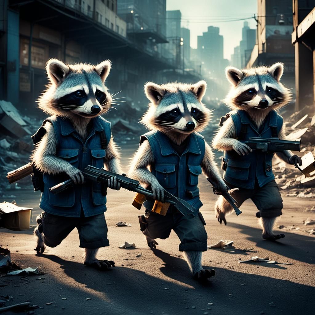 Albino Raccoon Army Marches Through Desolate Cityscape
