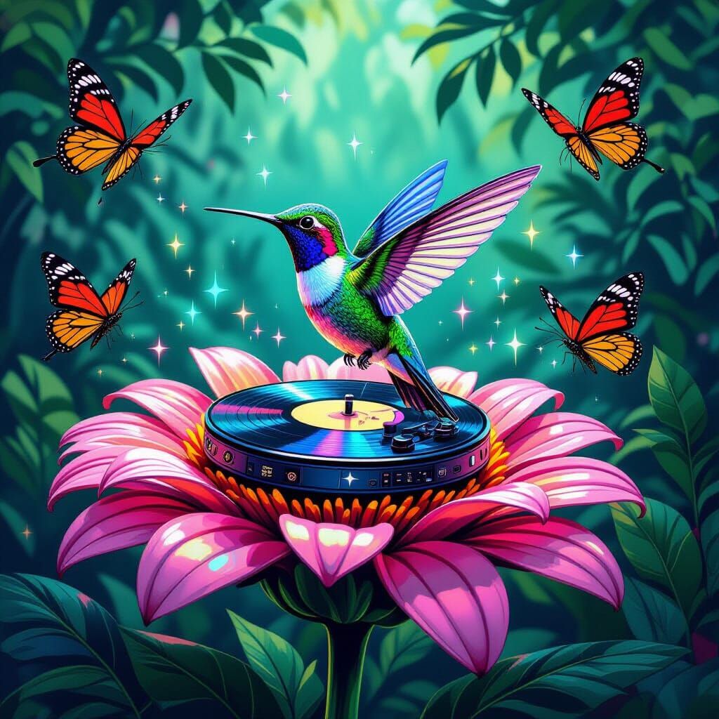 Hummingbird DJ in Graffiti Style Jungle Scene