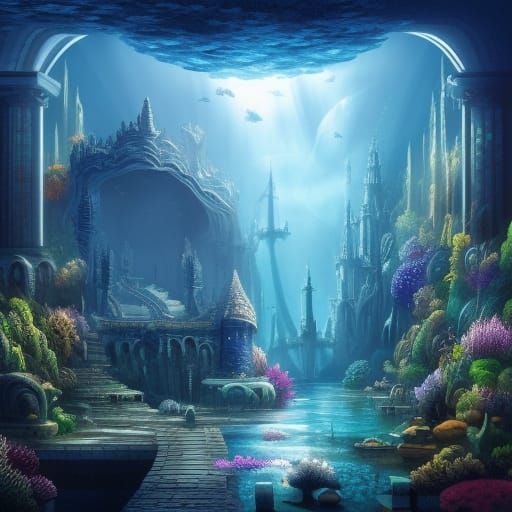 Underwater Mosaic Cityscape in Dark Fantasy Style