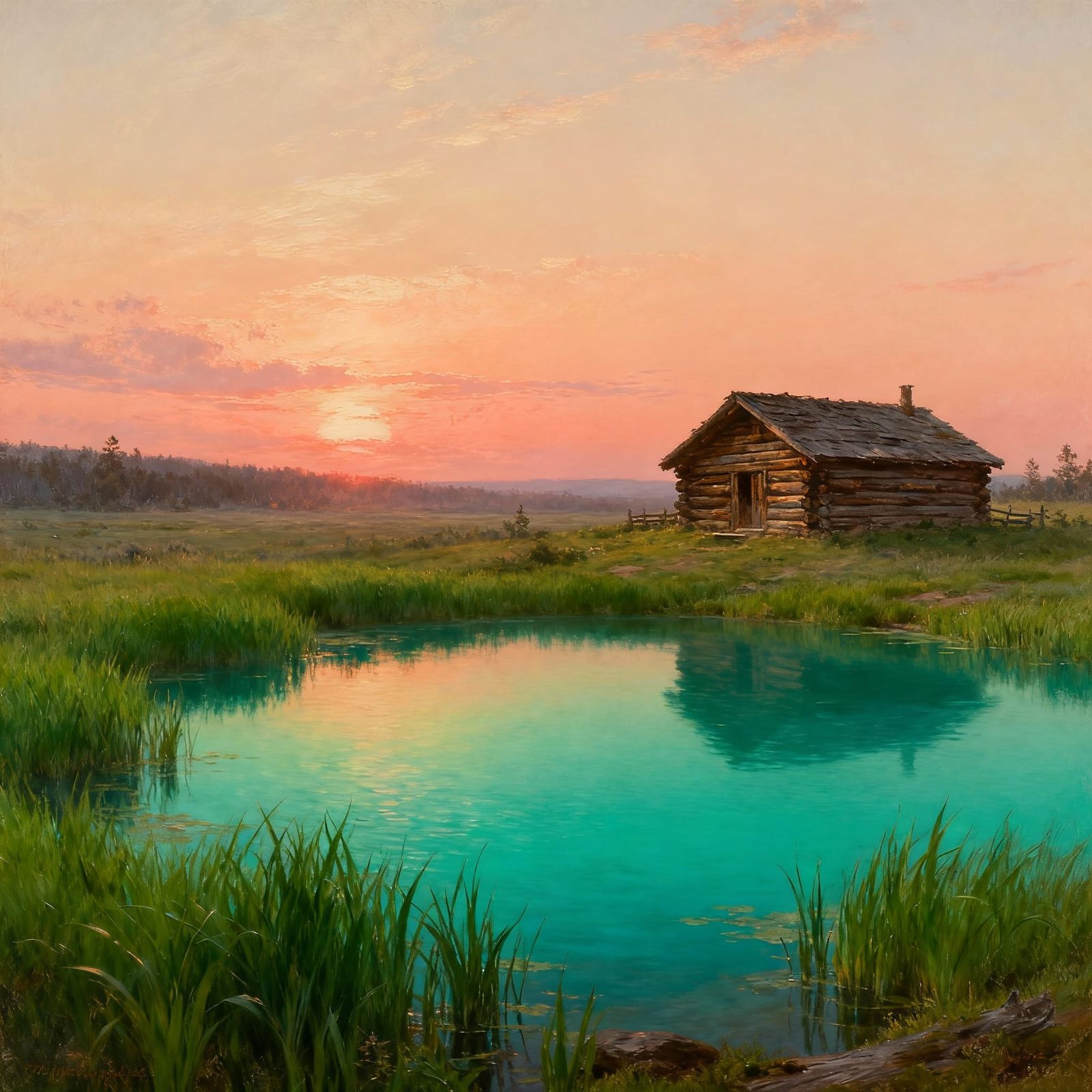 Magical Peach Sunset Over Teal Pond and Log Cabin