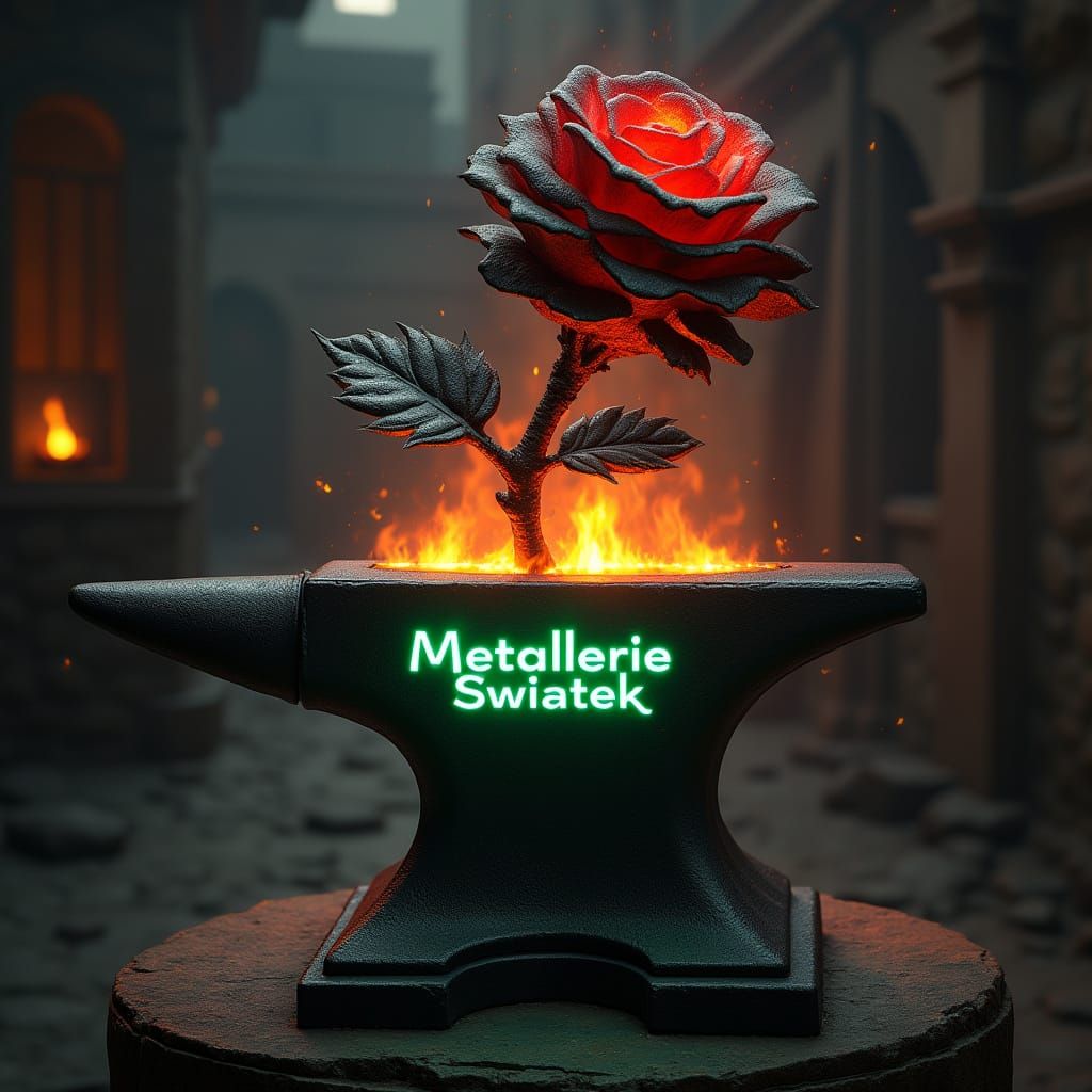 Burning Black Iron Rose Sculpture on Anvil