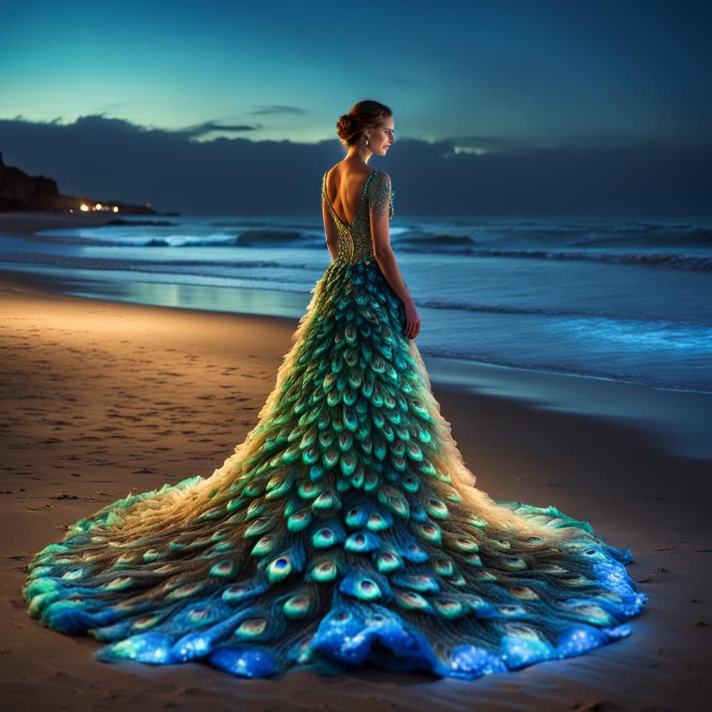 Woman in Illuminated Peacock Gown on Beach