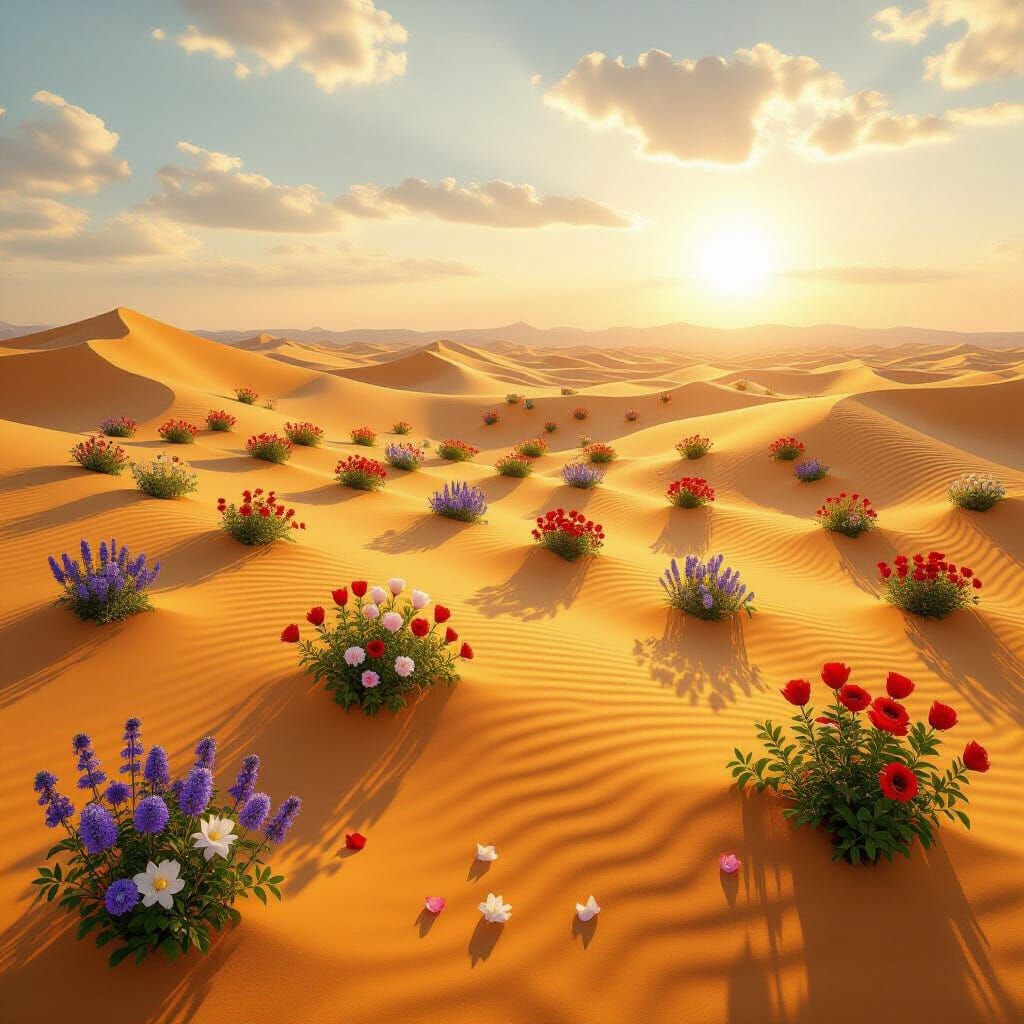 Infinite Desert Blooms Under Golden Hour Sky