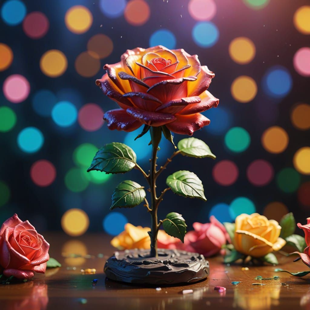 Hyperrealistic LED Rose Figurine Lamp in Splash Art