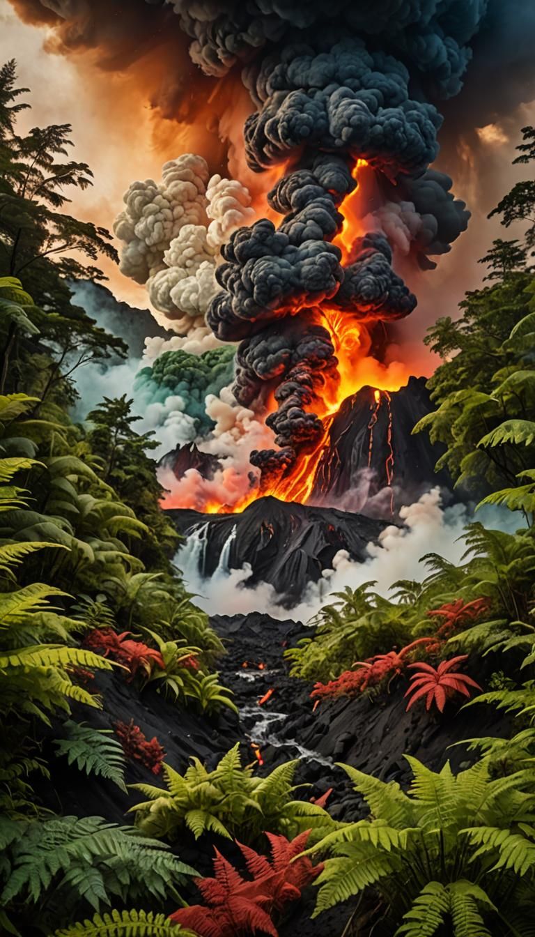 Volcanic Eruption with Lava Flow, Surrealist Landscape