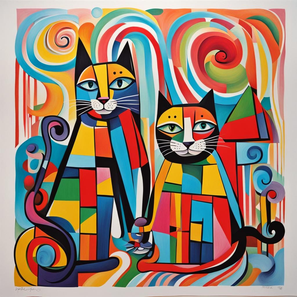 Cats Playing in Abstract Cubist Candyland Wonderland