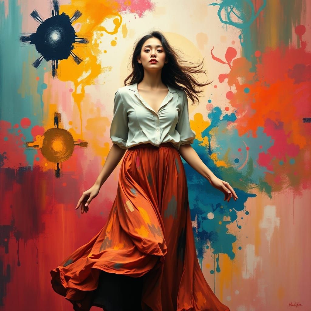 Beautiful Woman Floating in Abstract Expressionist Landscape