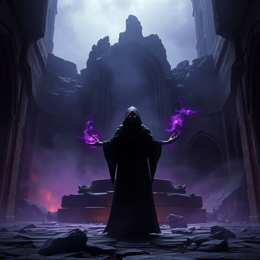 Solitary Witch Before Obsidian Altar in Ruins