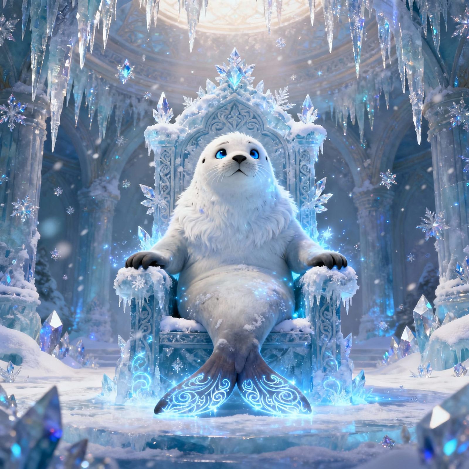 Anthropomorphic Seal King on Frost Throne in Disney Style