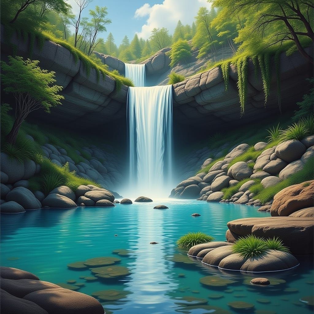 Photorealism. A waterfall flows down over the rocks and gree...