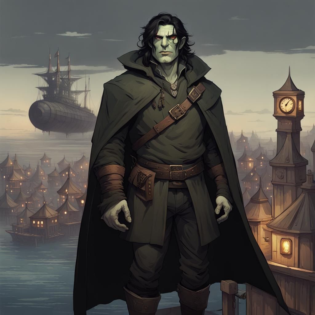 Eerie Half-Orc on Airship Deck in Dark Fantasy