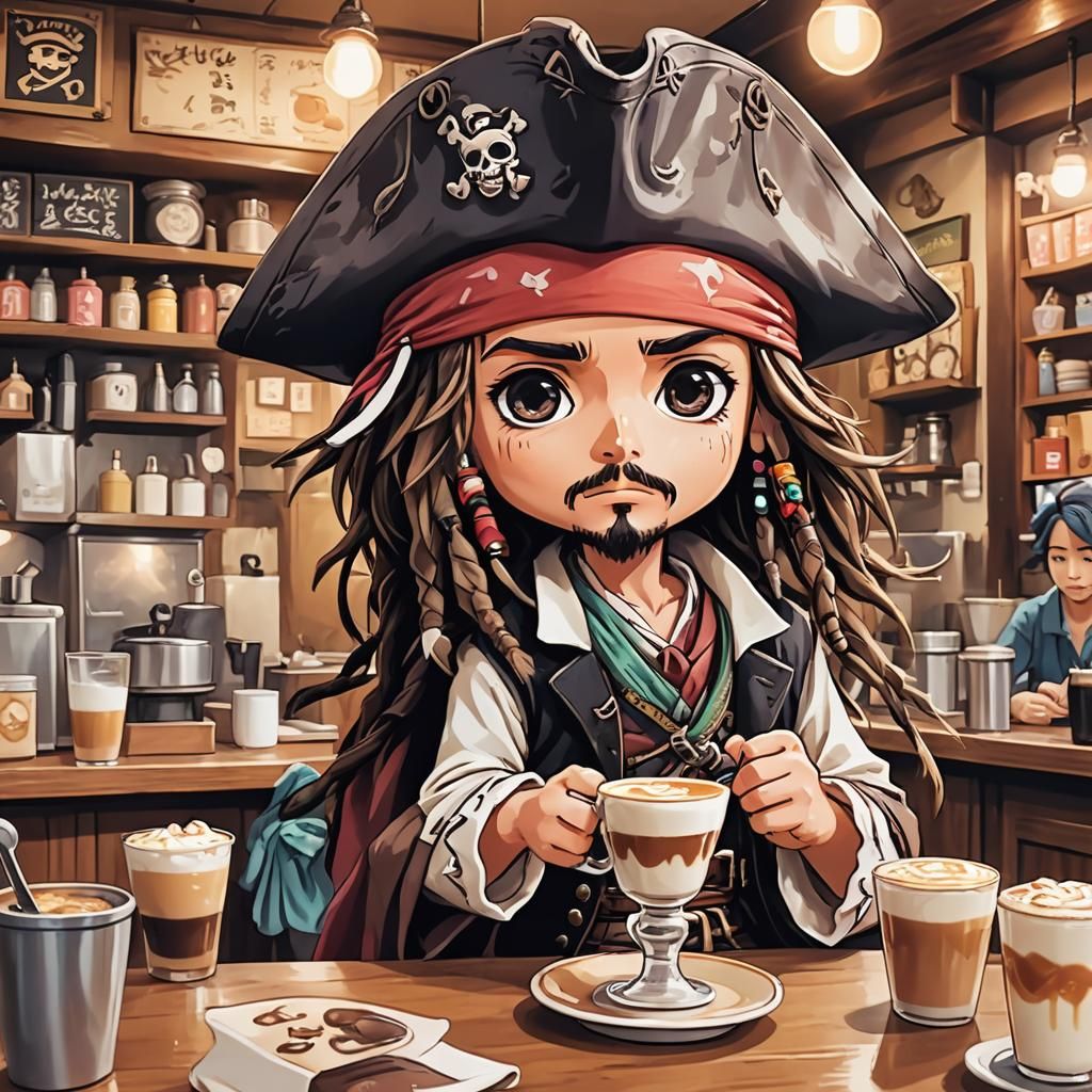 Chibi Captain Jack Sparrow at Coffee Shop