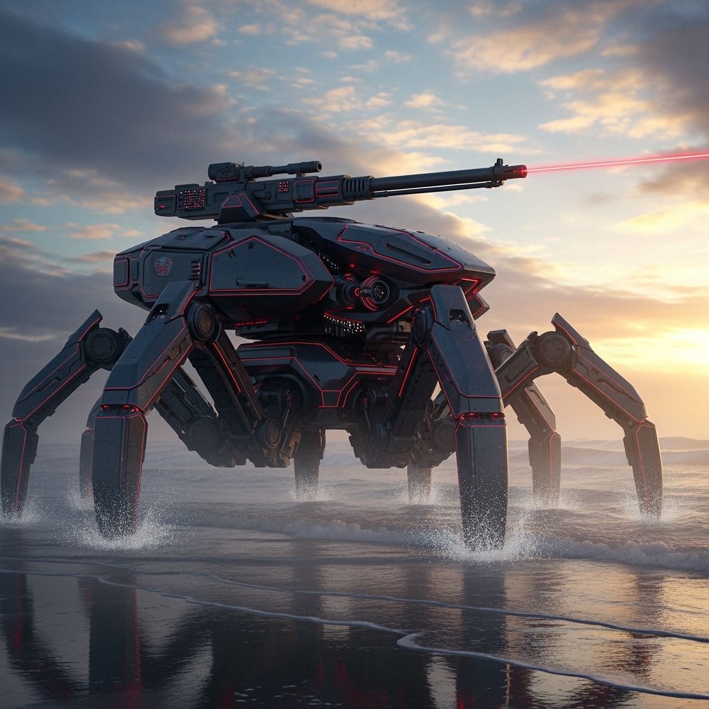 Mechanized Spider Robot Emerges from Dawn Surf