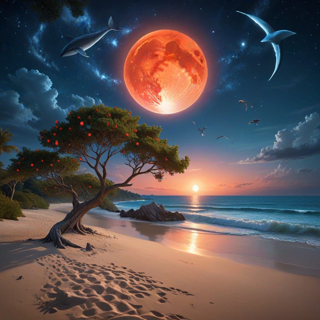 Fantasy Coast with Flying Whales and Coral Trees