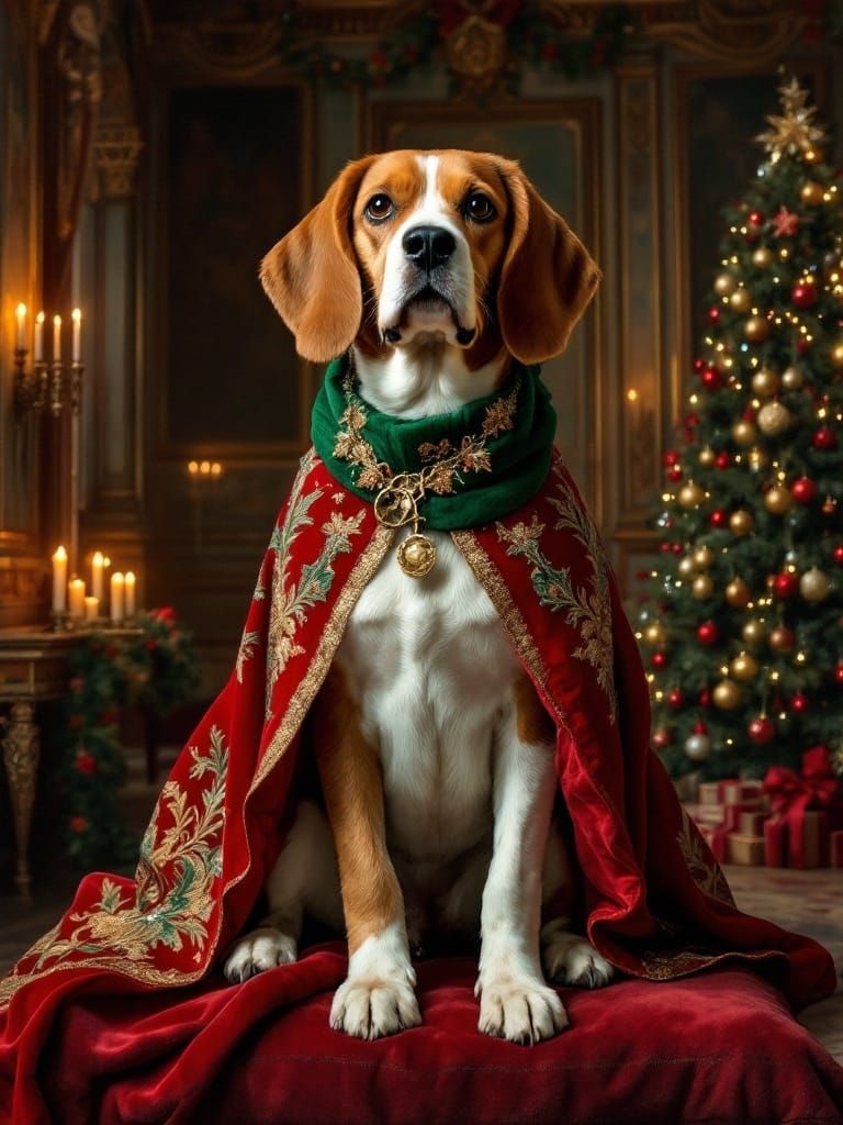 Renaissance-Style Beagle in Velvet Robe, Surrounded by Chris...