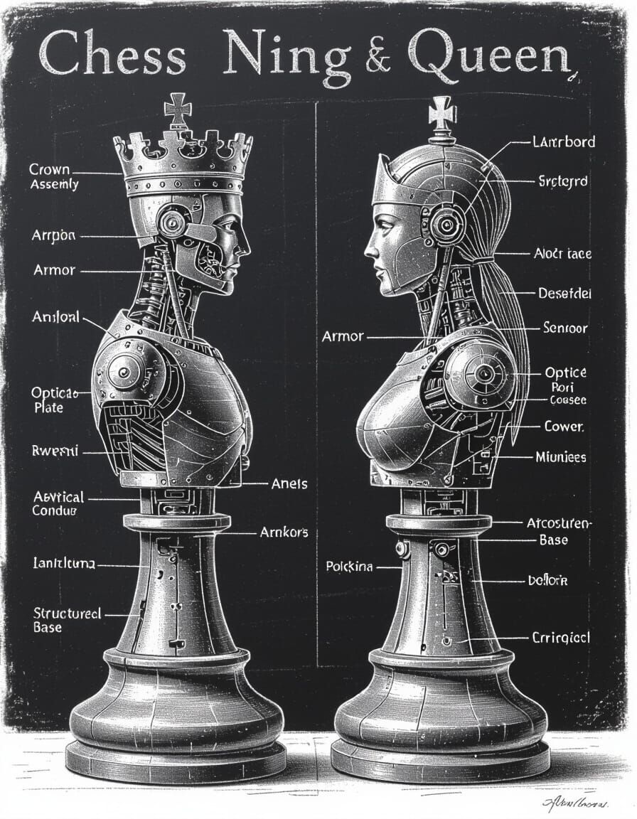 Cybernetic Chess King and Queen Anatomical Blueprint