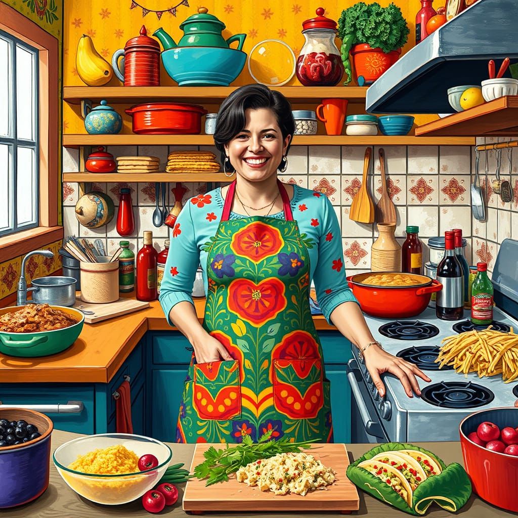 Vibrant Kitchen Scene in Whimsical Style