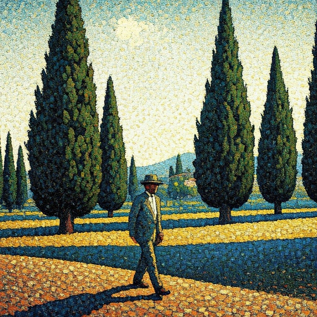 Man Walks Under Pointillist Sky with Cypresses